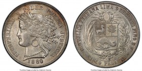 Republic 5 Pesetas 1880 B-BF MS63 PCGS, Lima mint, KM201.2. With dot after B variety.

HID09801242017