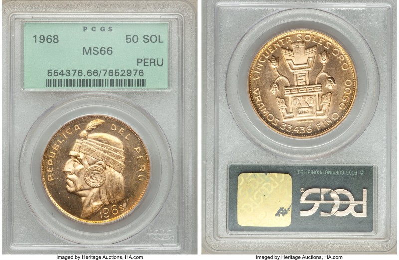 Republic gold "Inca" 50 Soles 1968 MS66 PCGS, Lima mint, KM230. Mintage: 300. A ...