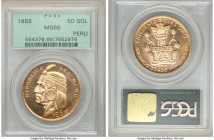 Republic gold "Inca" 50 Soles 1968 MS66 PCGS, Lima mint, KM230. Mintage: 300. A popular and fleeting gold issue with ample die polish and glassy field...
