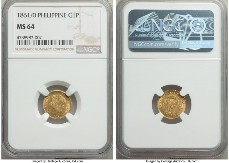 Spanish Colony. Isabel II gold Peso 1861/0 MS64 NGC, KM142. Top pop between both...