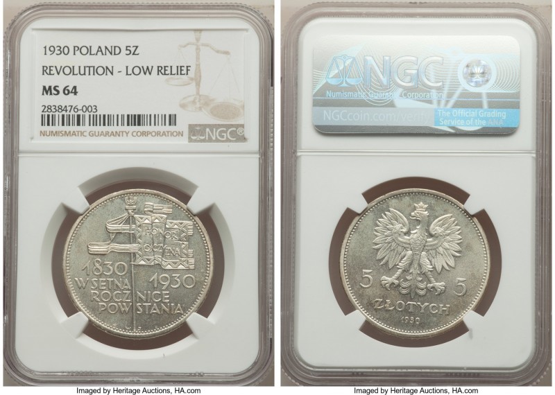 Republic "Low Relief" 5 Zlotych 1930-(w) MS64 NGC, Warsaw mint, KM-Y19.1. A scar...