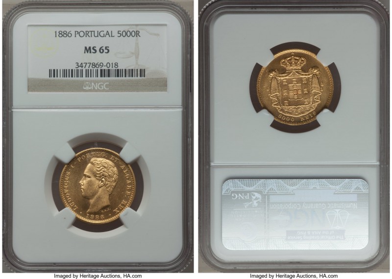 Luiz I gold 5000 Reis 1886 MS65 NGC, KM516. A superb example with only the faint...