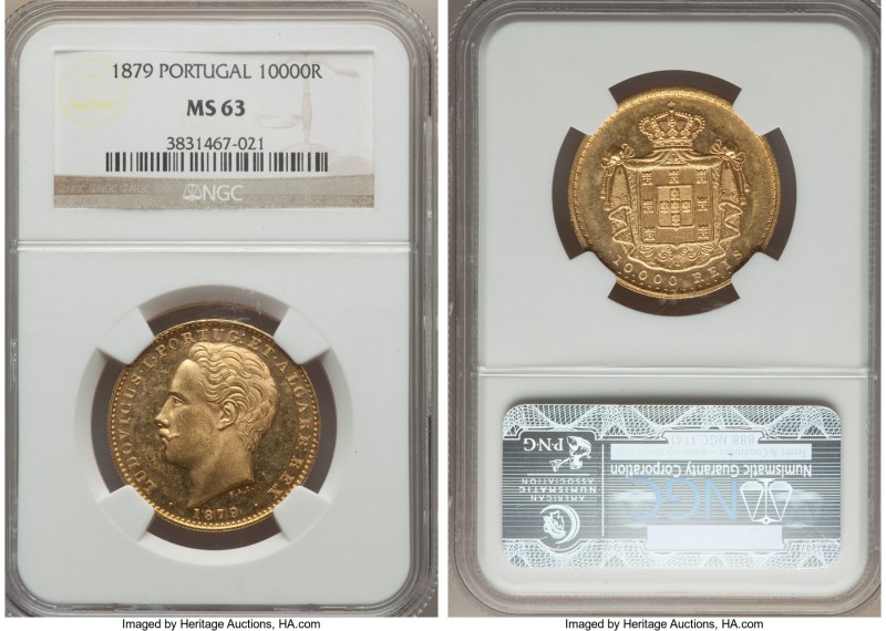 Luiz I gold 10000 Reis 1879 MS63 NGC, KM520. With a clarity of strike not often ...