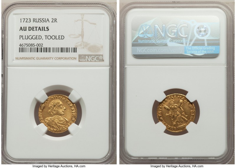 Peter I gold 2 Roubles 1723 AU Details (Plugged, Tooled) NGC, KM158.6. Despite t...