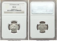 Elizabeth 10 Kopecks (Grivennik) 1747 MS62 NGC, Moscow mint, KM-C16a, Bit-206, Diakov-176. Fully lustrous with silvery-white color. The strike is nice...