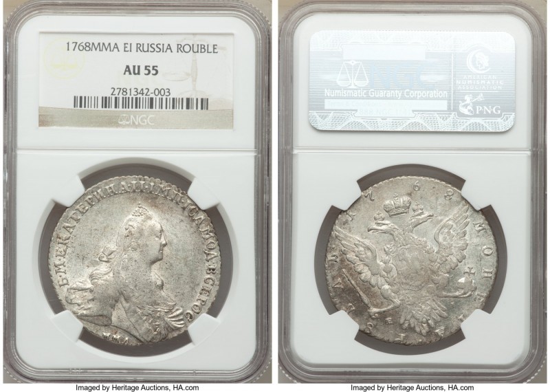 Catherine II Rouble 1768 ММД-ЕІ AU55 NGC, Moscow mint, KM-C67a.1, Bit-129. Scatt...