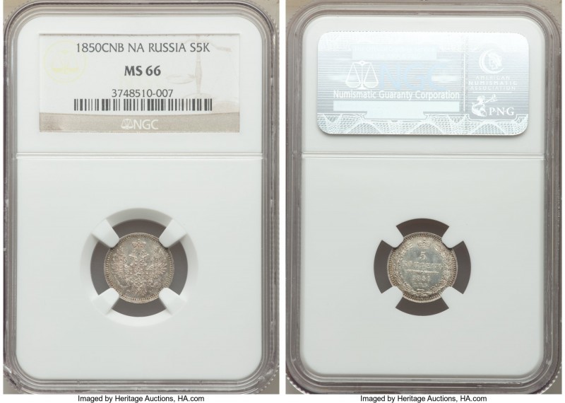 Nicholas I 5 Kopecks 1850 CΠБ-ПA MS66 NGC, St. Petersburg mint, KM-C163. A fully...