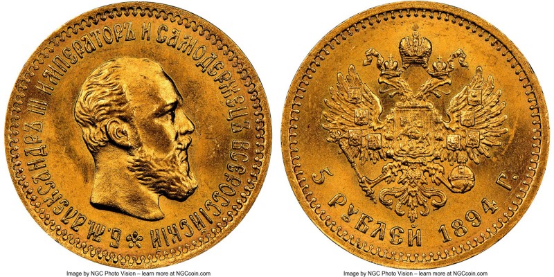 Alexander III gold 5 Roubles 1894-AΓ MS64 NGC, St. Petersburg mint, KM-Y42, Fr-1...