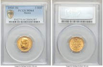 Nicholas II gold 5 Roubles 1910-ЭБ MS64 PCGS, St. Petersburg mint, KM-Y62, Bit-36 (R). A very pleasing, near-gem example. The luster is bright, and fu...