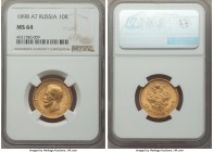 Nicholas II gold 10 Roubles 1898-AΓ MS64 NGC, St. Petersburg mint, KM-Y64, Bit-3. Notably scarce in near gem grades, with strong concentric die polish...