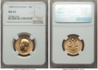 Nicholas II gold 10 Roubles 1909-ЭБ MS63 NGC, St. Petersburg mint, KM-Y64, Bit-14 (R). Among the lowest mintage dates in the series, beaming with cart...