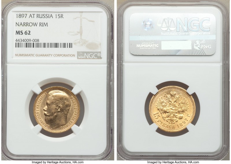 Nicholas II gold "Narrow Rim" 15 Roubles 1897-AГ MS62 NGC, St. Petersburg mint, ...