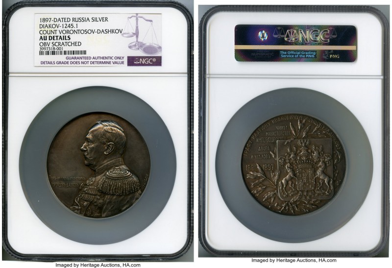 Nicholas II silver "Count I.I. Vorontsov-Dashkov" Medal 1897 AU Details (Obverse...