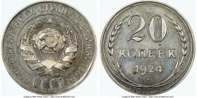USSR Proof 20 Kopecks 1924 PR64 NGC, KM-Y88. Bearing just mildest hint of a cameo contrast, with only the slightest wisps keeping it shy of a gem Proo...