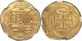 Philip II gold Cob 2 Escudos ND (1556-1598)-GA UNC Details (Edge Filing) NGC, Granada mint, Cay-4086, Fr-168. 6.70gm. Though displaying slight edge fi...