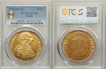Charles III gold 8 Escudos 1778 M-PJ AU58 PCGS, Madrid mint, KM409.1, Cal-59. Toned to a rich golden hue, shimmering mint luster pervading in the fiel...