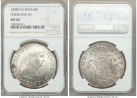 Ferdinand VII 8 Reales 1808 S-CN MS63 NGC, Seville mint, KM451. A common type in lower grades, though the same can certainly not be said in this choic...
