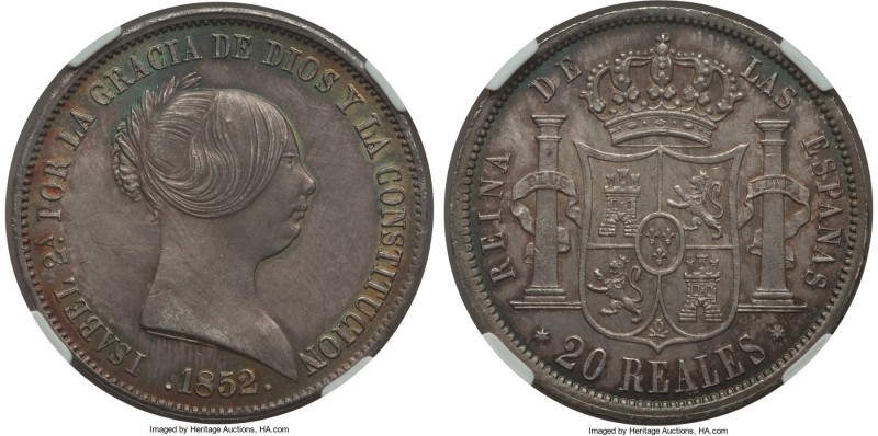 Isabel II 20 Reales 1852/7 MS64 NGC, Seville mint, KM593.3. Without a doubt the ...