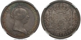 Isabel II 20 Reales 1852/7 MS64 NGC, Seville mint, KM593.3. Without a doubt the best example of the type that we have yet seen, featuring a clean stri...