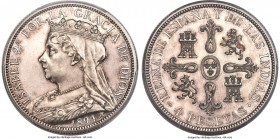 Isabel II silver Proof Pattern Fantasy 4 Pesetas 1894 (1900) PR62 Cameo PCGS, KM-X7. Mintage: 100. By J. Pinches for Reginald Huth. A charming fantasy...