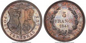 Geneva. Canton 5 Francs 1848 MS64 PCGS, KM137. From a small mintage of only 1,176 pieces, an attractive and gently lustrous example. 

HID09801242017