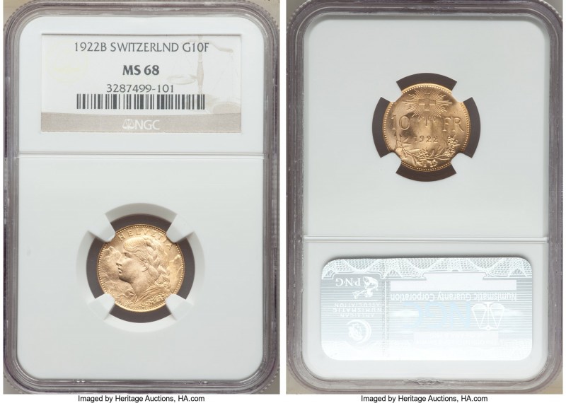 Confederation gold 10 Francs 1922-B MS68 NGC, Bern mint, KM36. This example trul...