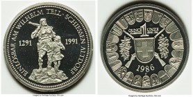 Confederation platinum Proof "Uri Shooting Festival" 100 Francs (Unze) 1986-HF, Le Locle mint, KM-XMB17, Häb-30b. Mintage: 10,000. Commemorating the 7...