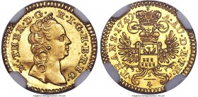 Maria Theresa gold 1/4 Ducat 1749 MS64 NGC, KM618, Fr-547. Exceedingly well-struck considering the small size of the issue, Maria Theresa's bust expre...