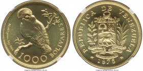 Republic gold "Cock of the Rock" 1000 Bolivares 1975 MS69 NGC, British Royal Mint, KM-Y48.2. Smooth wings. Bright lemon yellow with flawless surfaces ...