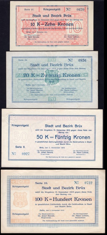Czechoslovakia Lot of 4 Banknotes 1918
10 - 20 - 50 - 100 Kronen; Politický Okr...