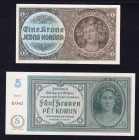 Bohemia & Moravia Lot of 2 Banknotes 1940 
1 5 Korun 1940; AUNC