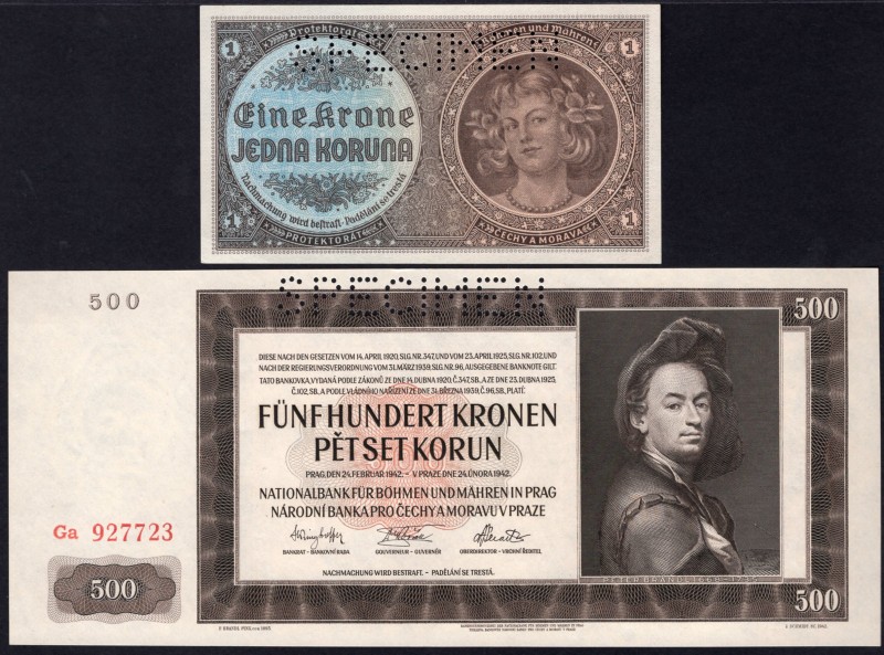Bohemia & Moravia Lot of 2 Banknotes 1940 - 1942
1 Koruna 1940 & 500 Korun 1942...