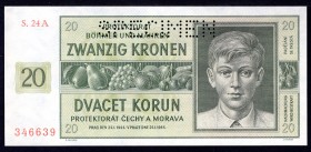 Bohemia & Moravia 20 Korun 1944 Specimen
P# 9s; # 24 A 346639; UNC