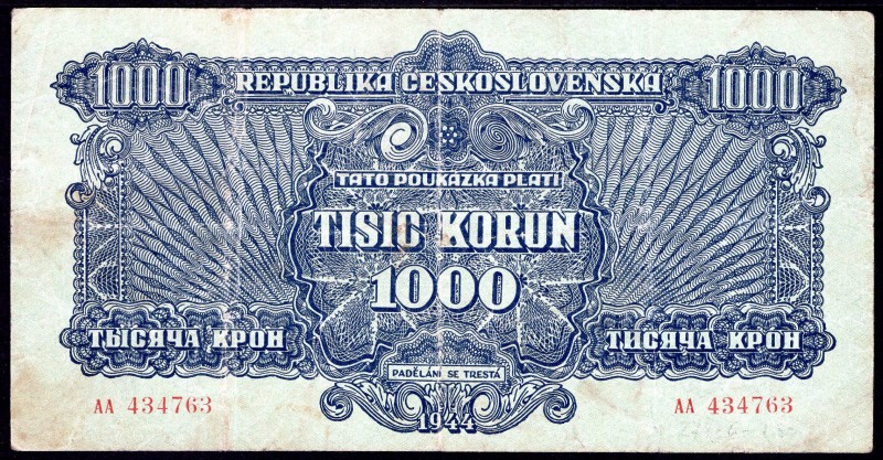 Czechoslovakia 1000 Korun 1944
P# 50a; F+