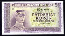 Czechoslovakia 50 Korun 1945 Specimen
P# 62s; # MD 819651; UNC