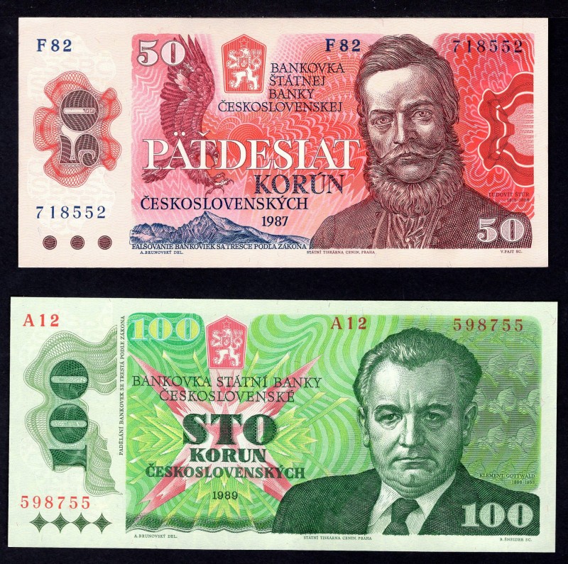 Czechoslovakia Lot of 2 Banknotes 1987 - 1989
50 Korun 1987 & 100 Korun 1989; U...