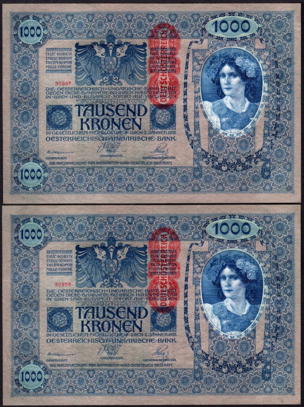 Austria Lot of 2 Banknotes 1919 (ND)
1000 Kronen; P# 59; With Consecutive Numbe...