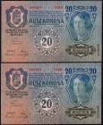 Austria Lot of 2 Banknotes 1919 (ND)
20 Kronen; P# 53a; With Consecutive Numbers; UNC