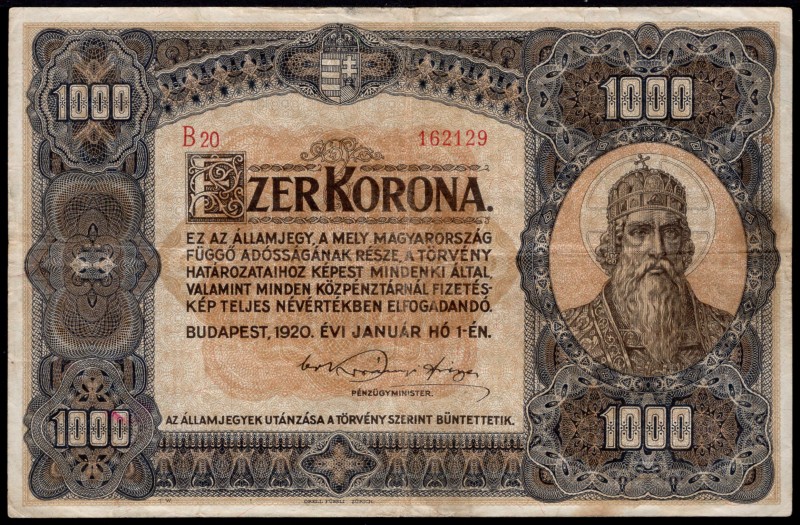 Hungary 1000 Korona 1920
P# 66a; VF-