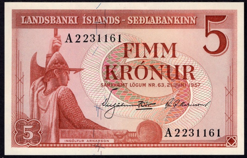 Iceland 5 Kronur 1957 
P# 37; UNC; "Ingolfur Arnarson"