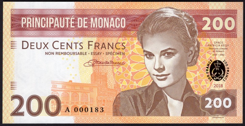 Monaco 200 Francs 2018 Specimen "Grace Patricia Kelly"
Fantasy Banknote; Grace ...