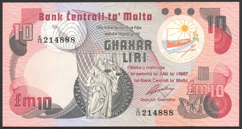 Malta 10 Liri 1967 (1979) Number 888 RARE!
P# 36b; № C/13 214888; UNC; 3 Dots; ...