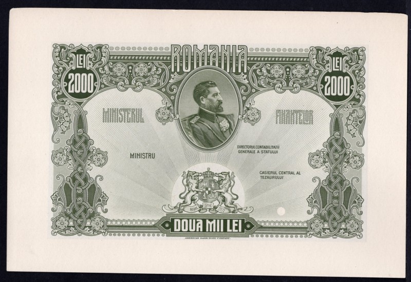 Romania 2000 Lei 1920 (ND)
P# 75; Proof, Face & Back; UNC