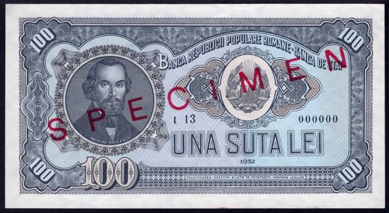 Romania 100 Lei 1952 SPECIMEN
P# 90s; UNC