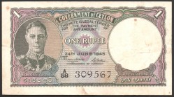Ceylon 1 Rupee 1945 RARE!
P# 34; "King George VI"; RARE!