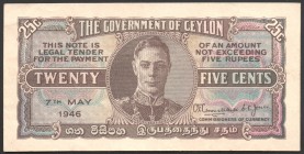 Ceylon 25 Cents 1946 RARE!
P# 44b; № A/47 363850; "King George VI"; RARE!