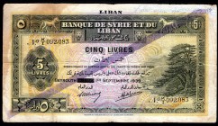 Lebanon 5 Livres 1939
P# 27a; F; Type A; RRR; F; First Issue;
