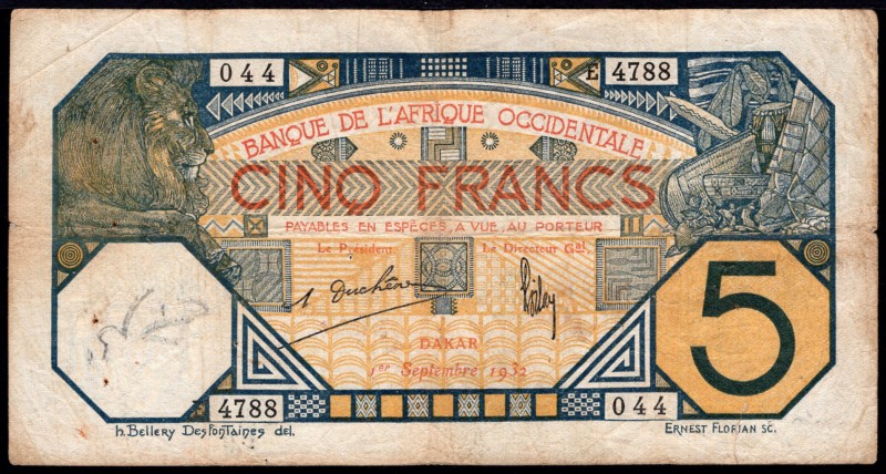 French West Africa 5 Francs 1932
P# 5Bb; VF