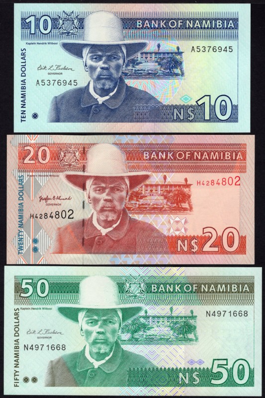 Namibia 10, & 20 50 Dollars 1993 -2002
P# 1a, 2a, 6; UNC; Set 3 PCS