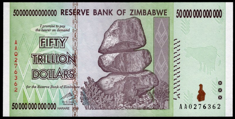 Zimbabwe 50 Trillion Dollars 2008 
P# 90; UNC; Serie AA